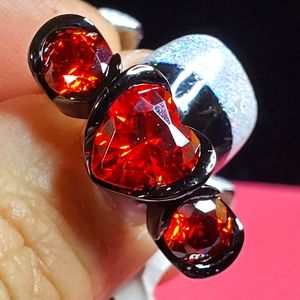 Gothic Love! Black Stainless Steel & Red Garnet Past Present & Future Ring